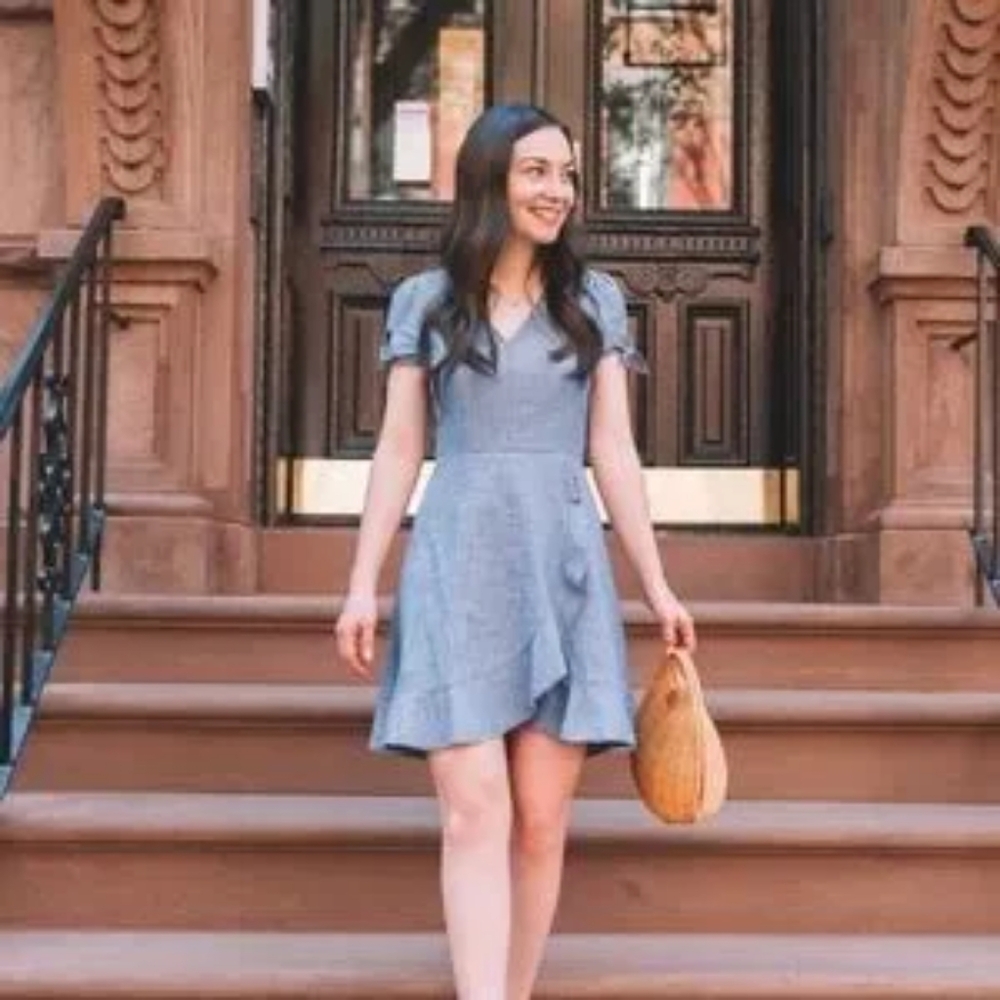 J.Crew Chambray Blue Tie Sleeve Ruffle Hem Fit Flare Mini Dress Size 4 Boho